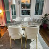 Msy Home 4 Kişilik Monaco Stil Gold Çizgili Krem Kumaş Ironi Oval Masa Modern Yemek Odası Seti