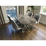 Msy Home 4 Kişilik Monaco Stil Krom Çizgili Gri Yönsüz Kumaş Ironi Oval Masa Modern Yemek Odası Seti - Bej