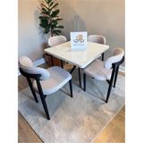Msy Home 4 Kişilik Vela Krem Kumaş 90*90 Kare Beyaz Sabit Masa Krem Sandalye Seti (Modern Seri) - Bej