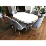 Msy Home 4kişilik Monaco Stil Krom Çizgili Gri Yönsüz Kumaş Beyaz Oval Masa Modern Yemek Odası Seti - Bej