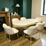 Msy Home 6 Kişilik Aura Gold Serisi Beyaz Lake Oval Yemek Masası ve Puffy Krem Sandalye Takımı Modern