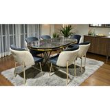 Msy Home 6 Kişilik Aura Gold Serisi Ironi Lake Oval Yemek Masası ve Puffy Füme Sandalye Takımı Modern - Krem - Füme - Krem-Füme