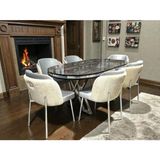 Msy Home 6 Kişilik Aura Krom Serisi Ironi Lake Oval Yemek Masası ve Puffy Açıkgri Sandalye Takımı Modern - Krem - Açık Gri - Krem-Açık Gri