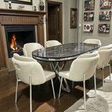 Msy Home 6 Kişilik Aura Krom Serisi Ironi Lake Oval Yemek Masası ve Puffy Krem Sandalye Takımı Modern