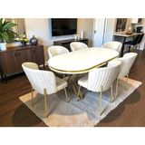 Msy Home 6 Kişilik Berya Beyaz Oval Masa Gold Ayak Yönsüz Kumaş Modern ve Şık Yemek Odası Takımı - Bej