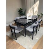 Msy Home 6 Kişilik Lina A.gri Kumaş 80*130 Siyah Mermer Açılır Masa Sandalye Seti (Modern Seri) Siyah Iskelet - Açık Gri