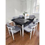 Msy Home 6 Kişilik Lina A.gri Kumaş 80*130 Siyah Mermer Açılır Masa Sandalye Seti (Modern Seri)Beyaz Iskelet - Açık Gri