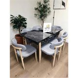 Msy Home 6 Kişilik Lina A.gri Kumaş 80*130 Siyah Mermer Açılır Masa Sandalye Seti (Modern Seri)Krem Iskelet - Açık Gri