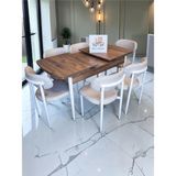 Msy Home 6 Kişilik Lina Beyaz Kumaş 80*130 Antik Çam Açılır Masa Sandalye Seti (Modern Seri)Krem Iskelet