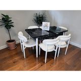 Msy Home 6 Kişilik Lina Beyaz Kumaş 80*130 Siyah Mermer Açılır Masa Sandalye Seti (Modern Seri)Beyaz Iskelet
