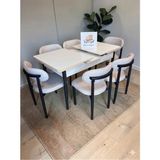 MSY HOME 6 Kişilik Lina Krem Kumaş 80*130 Beyaz Açılır Masa Sandalye Seti (Modern Seri) Siyah İskelet