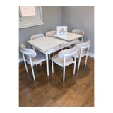 MSY HOME 6 Kişilik Lina Krem Kumaş 80*130 Beyaz Açılır Masa Sandalye Seti (Modern Seri)Krem İskelet