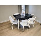Msy Home 6 Kişilik Lina Krem Kumaş 80*130 Siyah Mermer Açılır Masa Sandalye Seti (Modern Seri)Beyaz Iskelet
