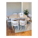 MSY HOME 6 Kişilik Lina Krem Kumaş 80*130 Traverten Açılır Masa Sandalye Seti (Modern Seri)Krem İskelet