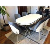 Msy Home 6 Kişilik Milano Krom Serisi Oval Beyaz Lake Masa Yönsüz Kumaş Modern ve Şık Yemek Takımı - Çok Renkli