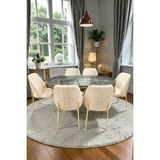 Msy Home 6 Kişilik Monaco Stil Gold Çizgili Krem Kumaş Ironi Oval Masa Modern Yemek Odası Seti