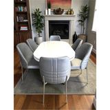 Msy Home 6 Kişilik Monaco Stil Krom Çizgili Gri Yönsüz Kumaş Beyaz Oval Masa Modern Yemek Odası Seti - Bej