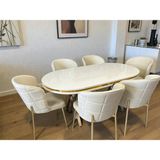 Msy Home 6 Kişilik Serya Beyaz Oval Masa Gold Ayak Yönsüz Kumaş Modern ve Şık Yemek Odası Takımı - Bej