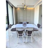 Msy Home Alva 6 Kişilik Yemek Masası Takımı Baby Face Kumaş Beyaz 80X130 cm Mdf Masa Beyaz Iskelet Modern ve Şık - Cappuccino