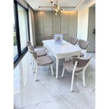 Msy Home Alva 6 Kişilik Yemek Masası Takımı Baby Face Kumaş Beyaz 80X130 cm Mdf Masa Beyaz Iskelet Modern ve Şık - Krem