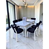 Msy Home Alva 6 Kişilik Yemek Masası Takımı Baby Face Kumaş Beyaz 80X130 cm Mdf Masa Beyaz Iskelet Modern ve Şık - Siyah
