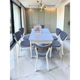 Msy Home Alva 6 Kişilik Yemek Masası Takımı Baby Face Kumaş Beyaz 80X130 cm Mdf Masa Siyah Iskelet Modern ve Şık - A.Gri