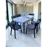 Msy Home Alva 6 Kişilik Yemek Masası Takımı Baby Face Kumaş Beyaz 80X130 cm Mdf Masa Siyah Iskelet Modern ve Şık - Gri
