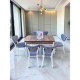 Msy Home Alva 6 Kişilik Yemek Masası Takımı Baby Face Kumaş Çam 80X130 cm Mdf Masa Beyaz Iskelet Modern ve Şık - A.Gri