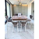Msy Home Alva 6 Kişilik Yemek Masası Takımı Baby Face Kumaş Çam 80X130 cm Mdf Masa Beyaz Iskelet Modern ve Şık - Cappuccino