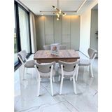 Msy Home Alva 6 Kişilik Yemek Masası Takımı Baby Face Kumaş Çam 80X130 cm Mdf Masa Beyaz Iskelet Modern ve Şık - Krem