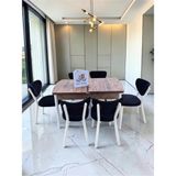 Msy Home Alva 6 Kişilik Yemek Masası Takımı Baby Face Kumaş Çam 80X130 cm Mdf Masa Beyaz Iskelet Modern ve Şık - Siyah