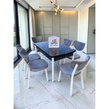 Msy Home Alva 6 Kişilik Yemek Masası Takımı Baby Face Kumaş Siyah Mermer 80X130 cm Mdf Masa Beyaz Iskelet Modern ve Şık - A.Gri
