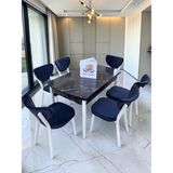Msy Home Alva 6 Kişilik Yemek Masası Takımı Baby Face Kumaş Siyah Mermer 80X130 cm Mdf Masa Beyaz Iskelet Modern ve Şık - Antrasit