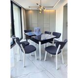 Msy Home Alva 6 Kişilik Yemek Masası Takımı Baby Face Kumaş Siyah Mermer 80X130 cm Mdf Masa Beyaz Iskelet Modern ve Şık - Gri