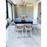 Msy Home Alva 6 Kişilik Yemek Masası Takımı Baby Face Kumaş Siyah Mermer 80X130 cm Mdf Masa Beyaz Iskelet Modern ve Şık - Krem