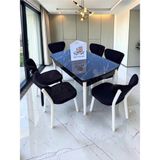 Msy Home Alva 6 Kişilik Yemek Masası Takımı Baby Face Kumaş Siyah Mermer 80X130 cm Mdf Masa Beyaz Iskelet Modern ve Şık