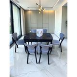 Msy Home Alva 6 Kişilik Yemek Masası Takımı Baby Face Kumaş Siyah Mermer 80X130 cm Mdf Masa Siyah Iskelet Modern ve Şık - A.Gri