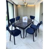 Msy Home Alva 6 Kişilik Yemek Masası Takımı Baby Face Kumaş Siyah Mermer 80X130 cm Mdf Masa Siyah Iskelet Modern ve Şık - Antrasit