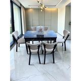 Msy Home Alva 6 Kişilik Yemek Masası Takımı Baby Face Kumaş Siyah Mermer 80X130 cm Mdf Masa Siyah Iskelet Modern ve Şık - Krem