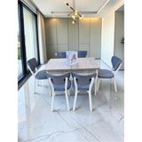 Msy Home Alva 6 Kişilik Yemek Masası Takımı Baby Face Kumaş Traverten 80X130 cm Mdf Masa Beyaz Iskelet Modern ve Şık - A.Gri
