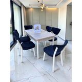 Msy Home Alva 6 Kişilik Yemek Masası Takımı Baby Face Kumaş Traverten 80X130 cm Mdf Masa Beyaz Iskelet Modern ve Şık - Antrasit