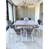 Msy Home Alva 6 Kişilik Yemek Masası Takımı Baby Face Kumaş Traverten 80X130 cm Mdf Masa Beyaz Iskelet Modern ve Şık - Cappuccino
