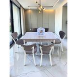 Msy Home Alva 6 Kişilik Yemek Masası Takımı Baby Face Kumaş Traverten 80X130 cm Mdf Masa Beyaz Iskelet Modern ve Şık - Krem