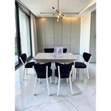Msy Home Alva 6 Kişilik Yemek Masası Takımı Baby Face Kumaş Traverten 80X130 cm Mdf Masa Beyaz Iskelet Modern ve Şık - Siyah