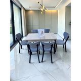 Msy Home Alva 6 Kişilik Yemek Masası Takımı Baby Face Kumaş Traverten 80X130 cm Mdf Masa Siyah Iskelet Modern ve Şık - A.Gri
