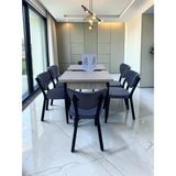 Msy Home Alva 6 Kişilik Yemek Masası Takımı Baby Face Kumaş Traverten 80X130 cm Mdf Masa Siyah Iskelet Modern ve Şık - Gri