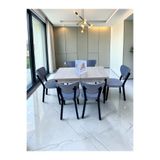 MSY HOME Alva 6 Kişilik Yemek Masası Takımı Baby Face Kumaş Traverten 80x130 cm MDF Masa Siyah İskelet Modern Ve Şık