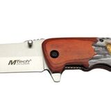 Mtech Y 12K Kahverengi Kamp Çakı 21,5cm - Yarı Otomatik, Kemerlikli, Kurt Baskılı Ahşap Sap