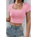 mtm My The Mall Giyim Kadın Pembe Yarım Kol Düz Yaka Crop Top Bluz