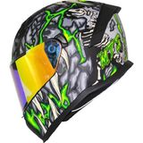 Mts M-910 Skull Mat Siyah-Yeşil-Beyaz Güneş Vizörlü Kask (Gold Camlı)